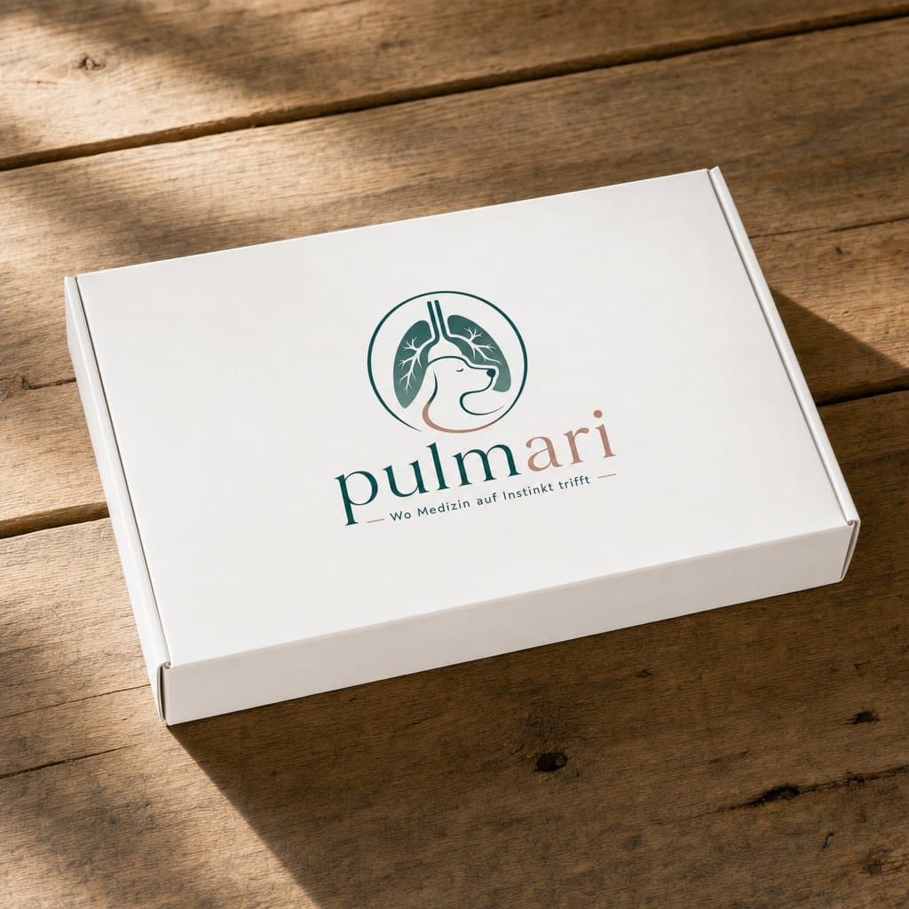 Pulmari Testpaket: geschlossener weißer Karton mit dem Pulmari Logo