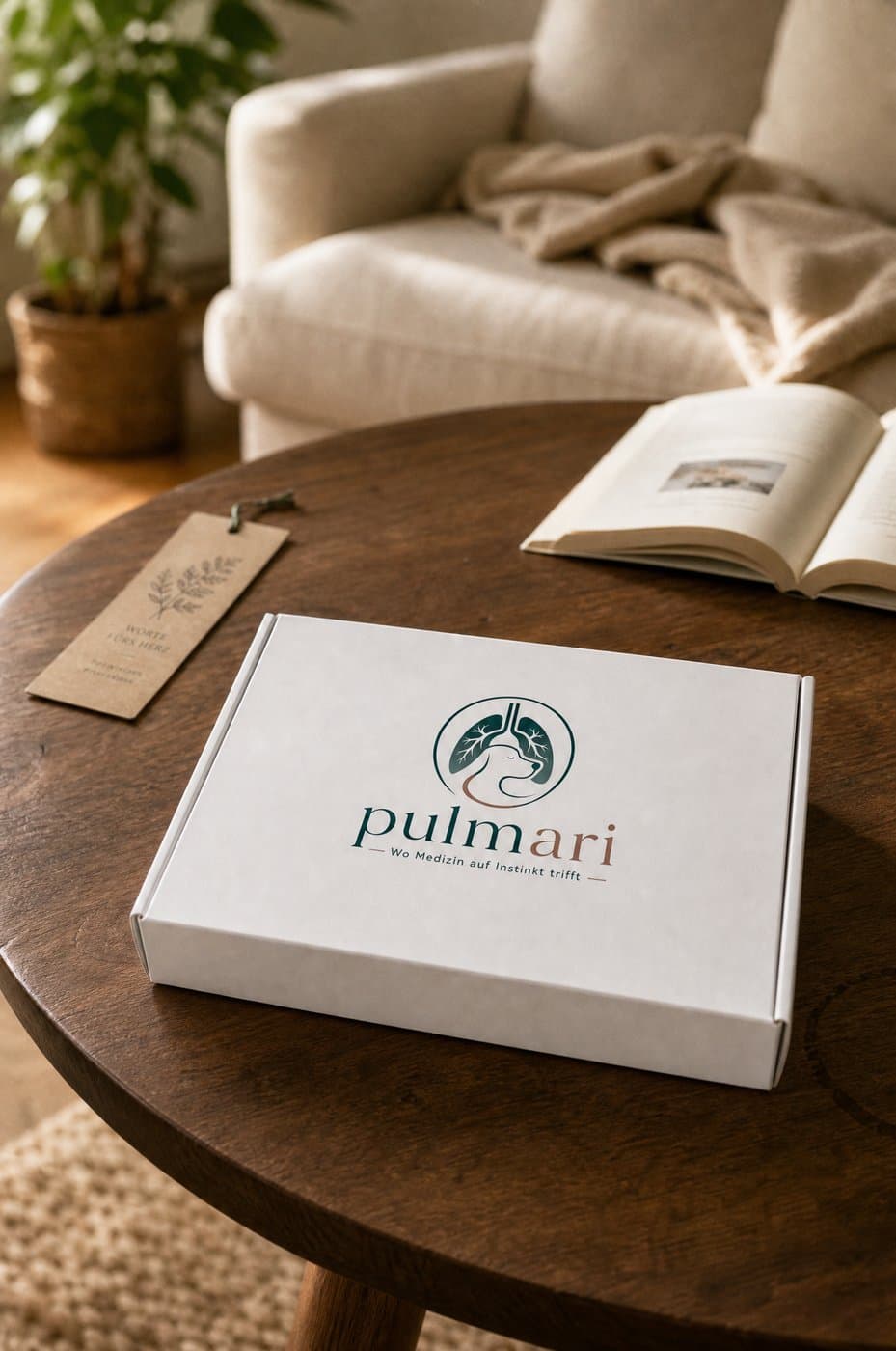 Pulmari Testpaket auf einem Couchtisch im Wohnzimmer