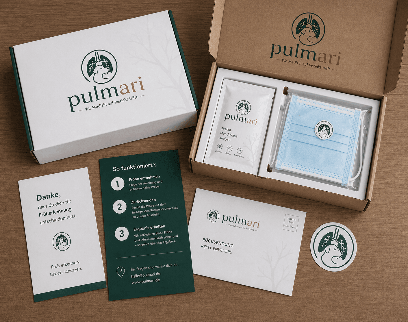 Inhalt des Pulmari Testpakets — Atemmaske, Anleitung, Rücksendeumschlag